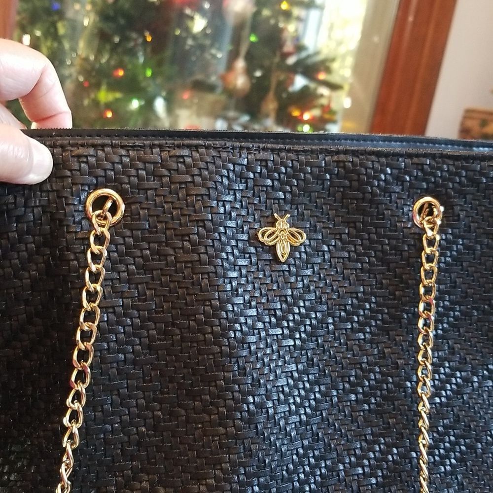 Elegant  Lucky Bees Black Woven Shoulder Bag with Gold Chain !!!